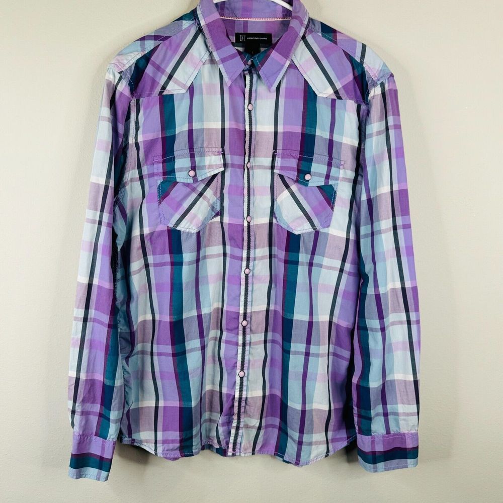 INC International Concepts Shirt Womens Size L Western‎ Pearl Snaps Plaid
